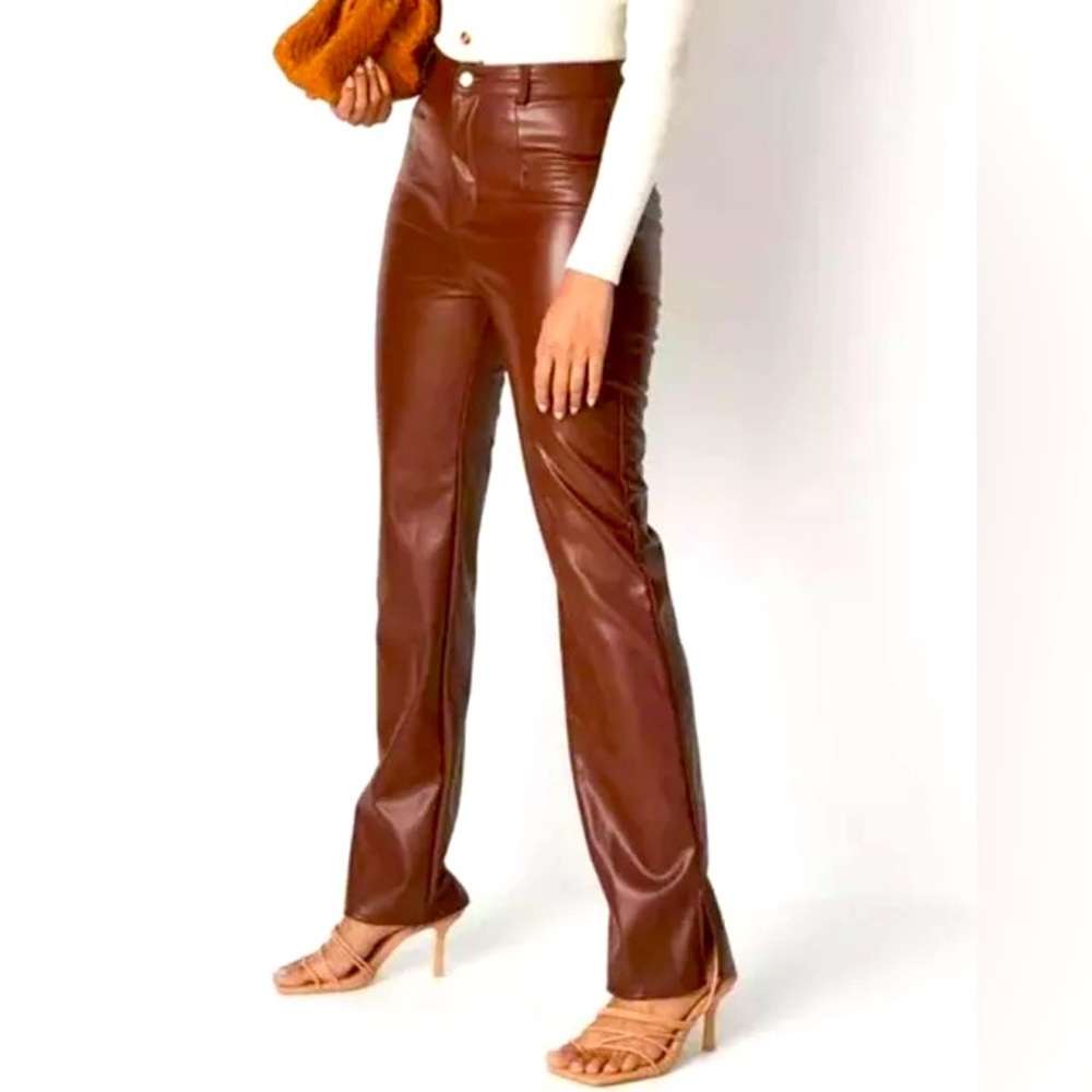 NWT - Missguided Chocolate Faux Leather Split Hem Pants